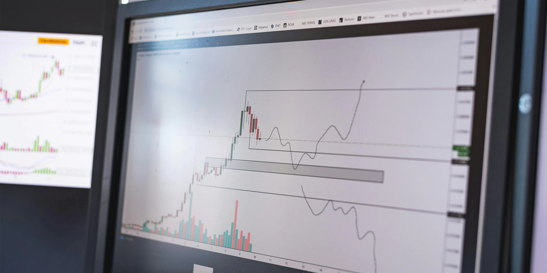A computer monitor showing a graph-based around a credit card processing account portfolio valuation