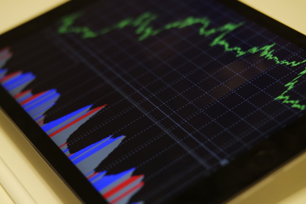 A tablet showing data about suddenly fluctuating markets