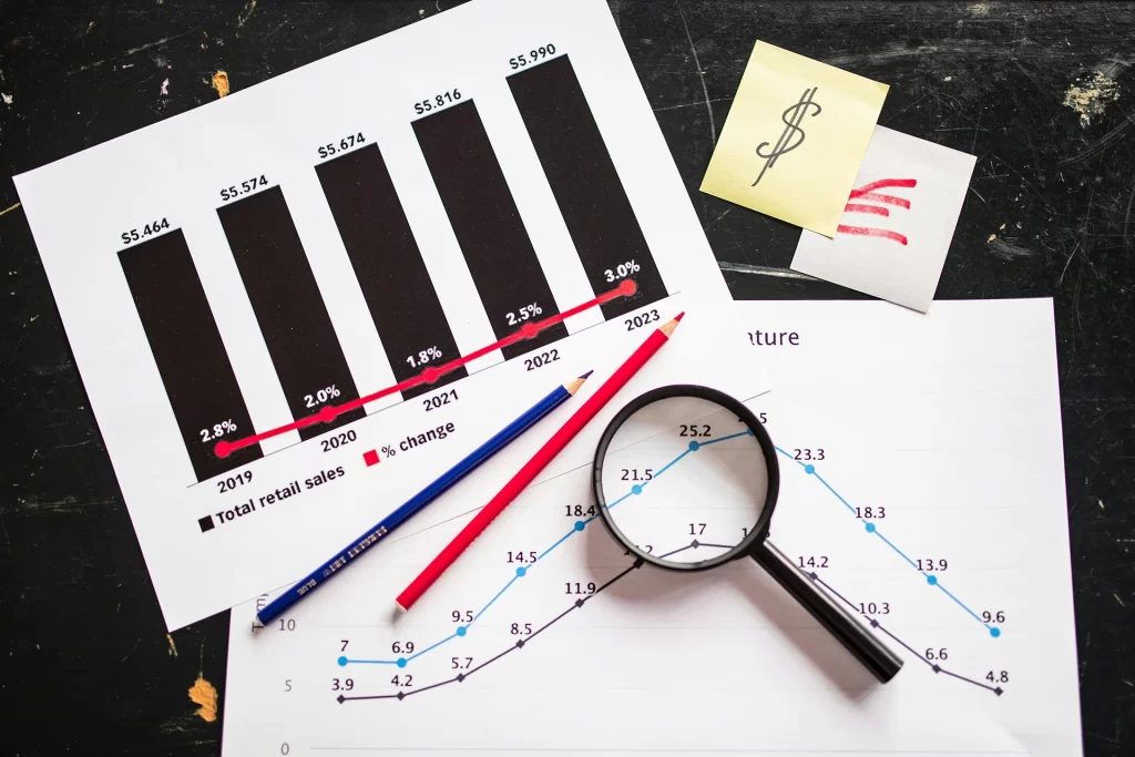 A magnifying glass next to papers that contain information about portfolio performance metrics