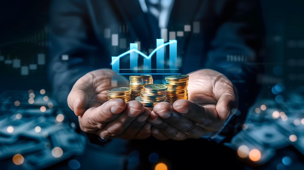 Hands holding coins below a graphic of a rising chart